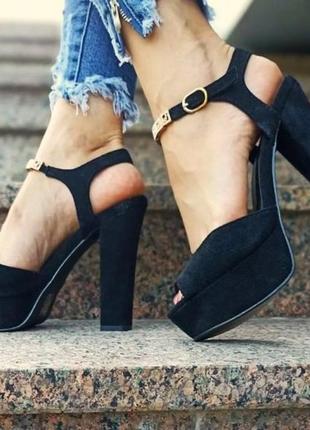 Женские чёрные босоножки на каблуке замшевые модельные (размеры: 36,37,38,39,40) - 4-7 топ4 фото
