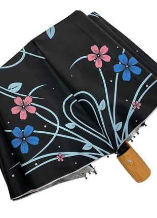 Жіноча парасоля напівавтомат від bellissimo, чорний з квітами, ручка жовта, м0529-1