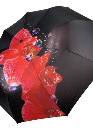 Жіноча парасоля-автомат від flagman з квітковим принтом на 9 спиць, чорний, n0153-2