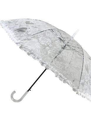 Женский зонт-трость полуавтомат белый с ажурным принтом от sl, топ1 фото