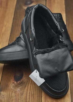 Черные зимние мужские кроссовки кожаные утепленные, высокие теплые кроссовки зима *n-23/1*3 фото