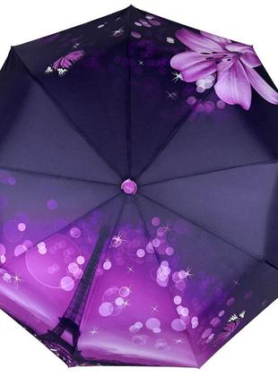 Жіноча автоматична парасоля на 9 спиць з принтом ейфелева вежа та квіти від susino, фіолетовий, 03026-3