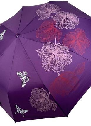 Жіноча складана парасолька напівавтомат на 9 спиць від toprain з принтом квітів, фіолетовий, 0137-1
