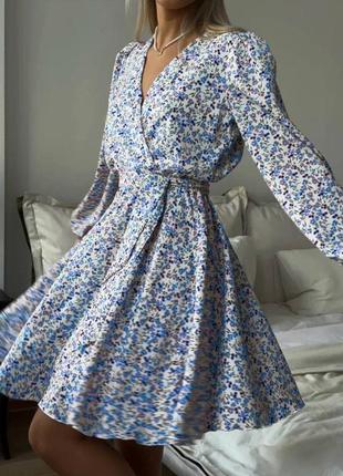 Женское голубое летнее легкое платье с цветочным принтом меди стильное качественное трендовое изыска