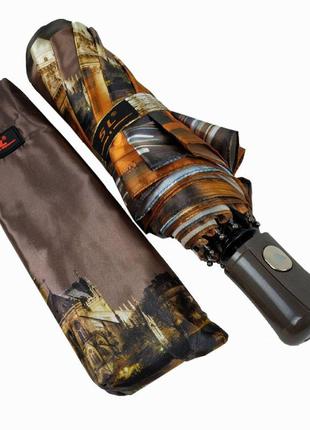 Складной женский зонт полуавтомат коричневый "ночной город" от sl топ