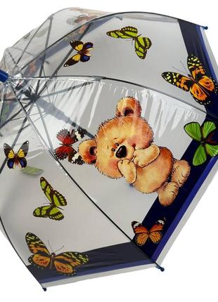 Детский прозрачный зонт-трость полуавтомат с яркими рисунками мишек от rain proof, с темно-синей ручкой топ