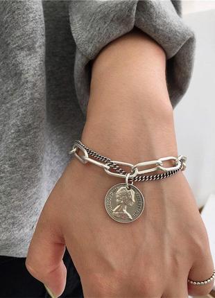 Браслет на руку цепь цепочка с кулоном монеткой под серебро новый