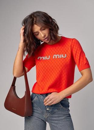 Ажурная футболка с надписью miu miu - оранжевый цвет, l (есть размеры)5 фото