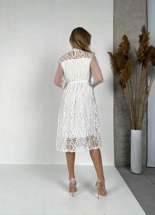 Платье миди из гипюра с подкладом с кружевом с воротником с резинкой в талии9 фото