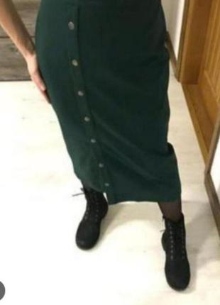 Довга жіноча джинсова спідниця на кнопках, зеленого кольору, розмір 50-52