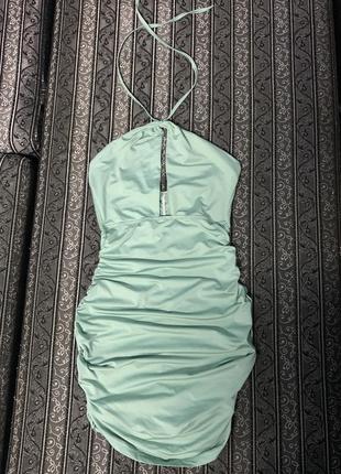 Платье мини цвета мята с завязками на шею по бокам и сзади присборенная, размер с-м8 фото