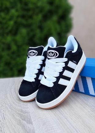 Жіночі замшеві кросівки adidas campus white black адідас кампус чорні