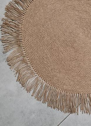 Плетений килимок з китицями, круглий джутовий скандинавський килим