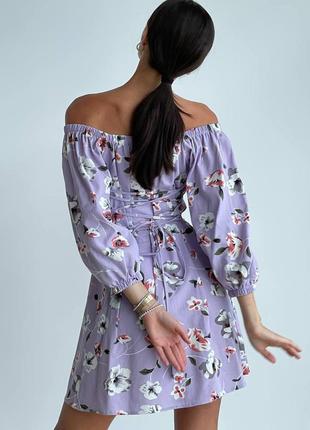 Женское льняное платье мини с цветочным принтом, миди, с разрезом, с коротким рукавом, штапель, с открытыми плечами, сарафан из льна, лен8 фото