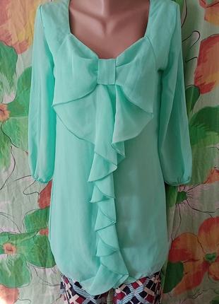 Удлиненная блузка-платьице  шифоновая с рюшами бантом нарядная легкая тонкая винтаж1 фото