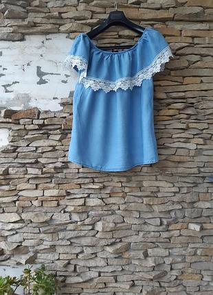 Шикарный котоновый с воланом и кружевом блузон большого размера