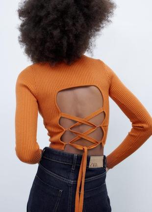 Жовтогарячий укорочений светр із відкритою спиною zara кофта джемпер лонгслів зара7 фото