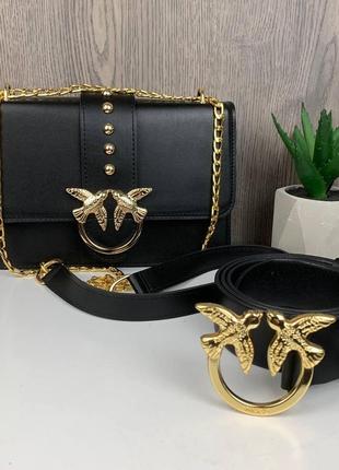 Женская сумочка клатч птички пинко черная + женский кожаный ремень pinko 2 в 1 набор pro_1349