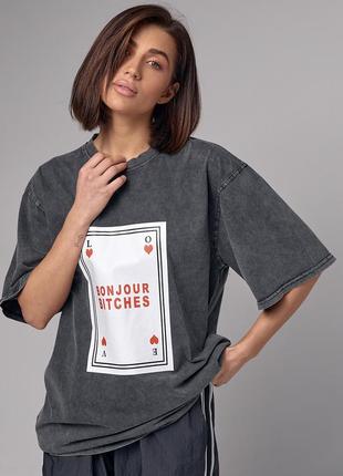 Трикотажная футболка тай-дай с принтом игральной карты3 фото