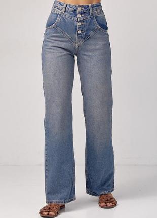 Женские джинсы straight с фигурной кокеткой синие1 фото
