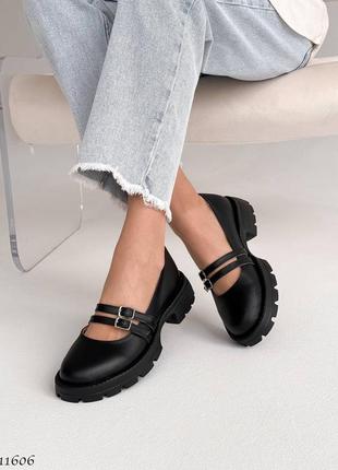 Черные натуральные кожаные туфли лоферы балетки с ремешками на толстой подошве кожа3 фото