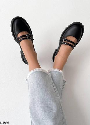 Черные натуральные кожаные туфли лоферы балетки с ремешками на толстой подошве кожа8 фото