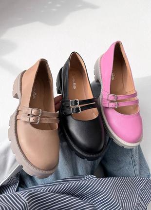Красивые кожаные туфли на низком ходу с двумя ремешками черные бежевые розовые барби1 фото