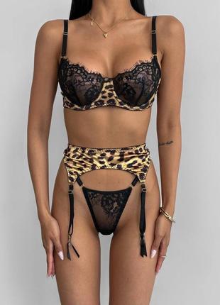 Леопардовый комплект нижнего белья эротичный бюстгальтер с косточками, пояс и стринги