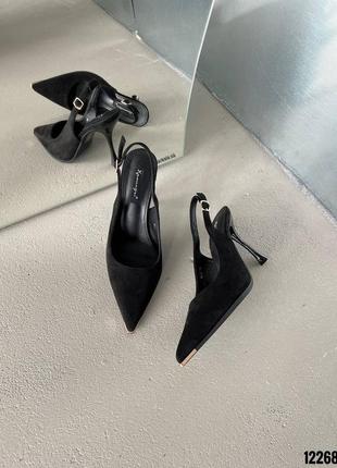 Черные женские туфли лодочки на шпильке каблуке с открытой пяткой замшевые6 фото