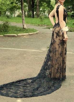 Випускне плаття сукня випускна бежева чорна з бісером