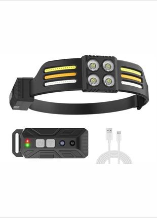 Фонарь налобный pl-173, 4*led+3*cob, (красный+белый+желтый), зу type-c, сенсор