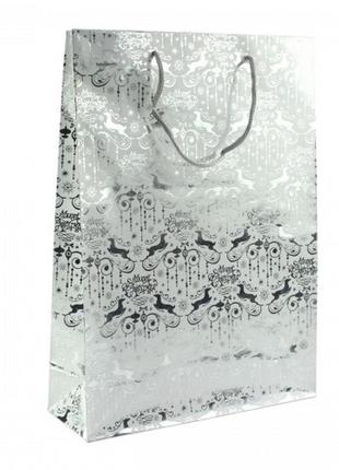 Пакет паперовий "merry christmas" сріблястий, 25 х 8,5 х 34,5 см1 фото