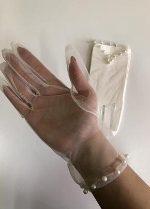 7-65 фатинові рукавички з перлинами фатиновые перчатки с жемчугом4 фото