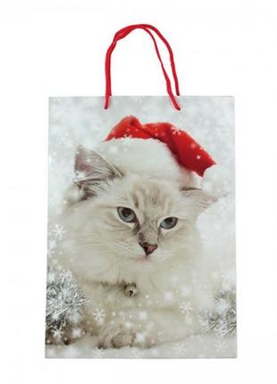 Пакет паперовий "білий кіт у шапці", 25 х 8,5 х 34,5 см2 фото