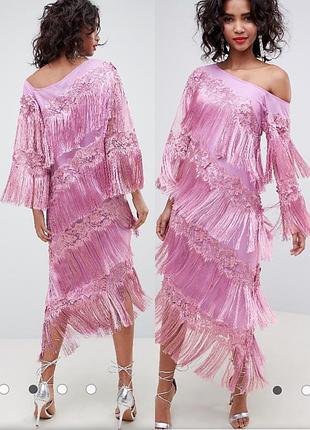 Фантастичне плаття міді на одне плече asos з вишивкою і бахромою