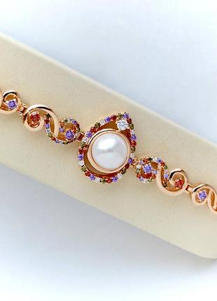 Позолочений браслет перлина перли різнокольорові камені медичне золото подарунок позолоченный браслет жемчуг разноцветные камни медзолото подарок