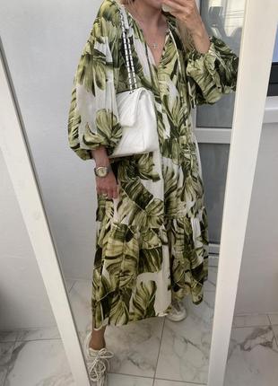 Натуральное платье миди макси из хлопка в тропический принт листья h&m4 фото