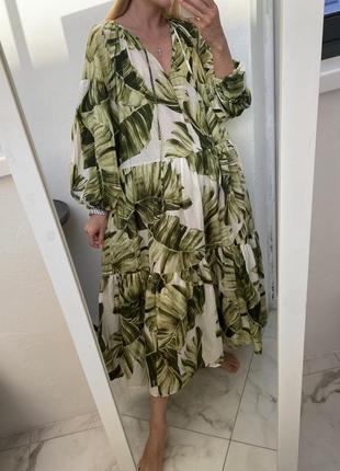 Натуральное платье миди макси из хлопка в тропический принт листья h&m6 фото