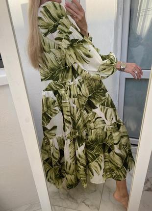 Натуральное платье миди макси из хлопка в тропический принт листья h&m9 фото
