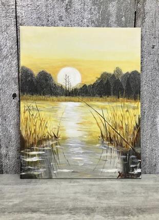 Картина акрилом, ручная работа, закат, озеро, тростник