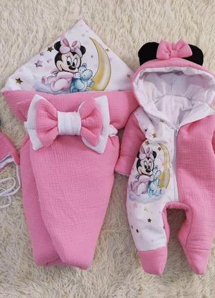 Комплект одежды из муслина 3 предмета для новорожденных, розовый с принтом минни