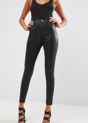 Брендовые черные джинсы скинни с пропиткой под кожу и высокой талией h&m, 36 размер.