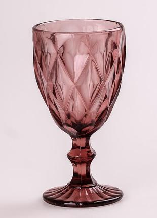 Келих для вина високий фігурний гранований з товстого скла набір 6 шт рожевий vt-331 фото