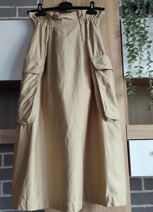 H&amp;m длинная юбка, макси юбка песочного цвета высокая посадка, с большими карманами, милитари стиль