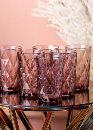 Склянка для напоїв висока гранована з товстого скла набір 6 шт рожевий vt-33