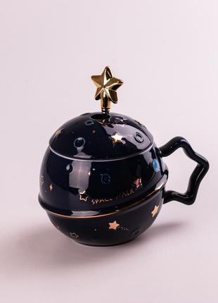 Чашка керамическая 500 мл space walk с крышкой и ложкой синий vt_33