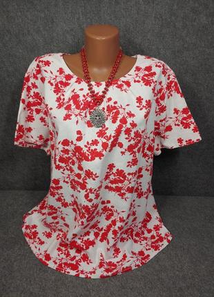 Свободная белая блуза из смесового льна с цветочным принтом 52-54 размера9 фото