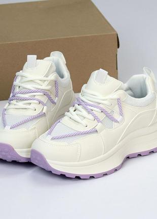 Дівчачі літні, весняні кроси молочного кольору з кольоровою фіолетовою підошвою, якісна еко шкіра +2 фото