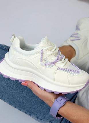 Дівчачі літні, весняні кроси молочного кольору з кольоровою фіолетовою підошвою, якісна еко шкіра +7 фото