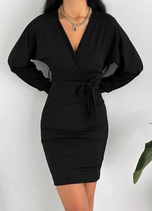 Сукня жіноча коротка міні на запах з поясом нарядна базова повсякденна чорна бежева коричнева з рукавом демісезонна весняна на весну платя9 фото